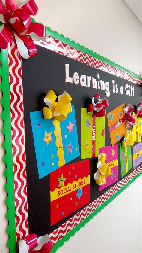A Bulletin Board With Colorful Paper And Bows On Its Sides That Says