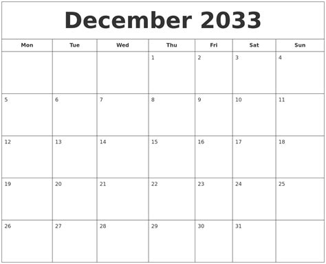 December 2033 Printable Calendar