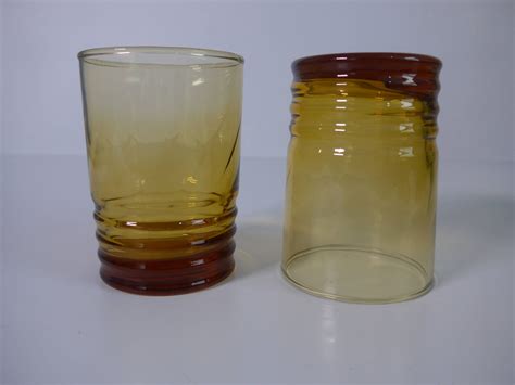 Set Of 4 Vintage Libbey Honey Amber Malibu Gold Juice Glasses Ribbed At Base W Swirl Pattern