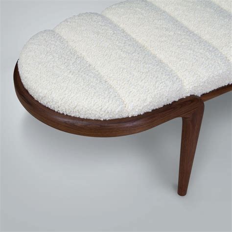 Bent Walnut Bench With White Bouclé Upholstery By Chapter And Verse For