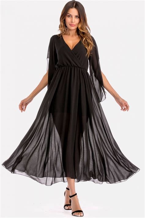 Elegant Black V Neck Chiffon Maxi Dress With Wrap Slit Sleeves