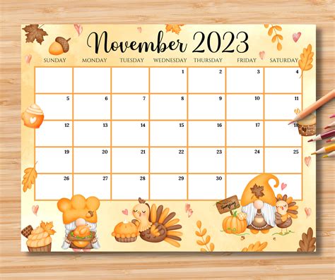 Editable November 2023 Calendar Happy Thanksgiving With Cute Etsy Uk
