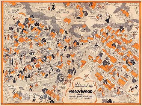 Jp 歴史的な地図 ハリウッドの展示スタジオの風変わりな地図 星の家と興味の地 1937年 ビンテージウォール