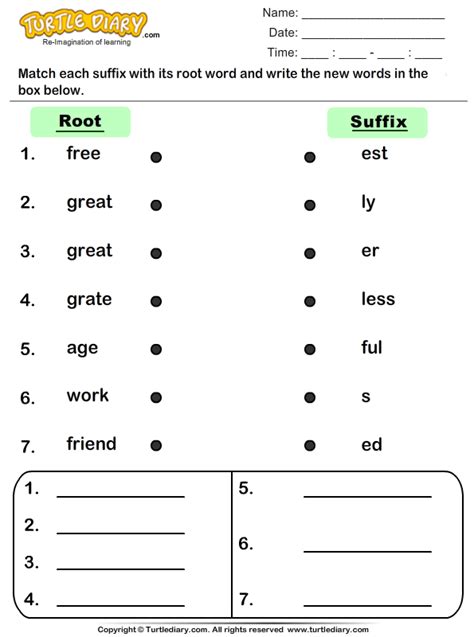Root Word And Suffix Match Turtle Diary Worksheet