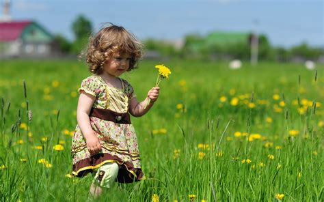 Wallpaper Child Girl Grass Field Flowers Walk Dress Hair