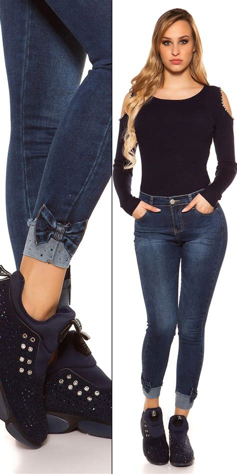 sexy hoge taille skinny jeans met strass steentjes and strik jeansblauw skinny jeans