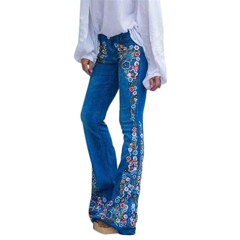 Ukap Vintage Ladies Plus Size Floral Embroidery Wide Leg Denim Pants