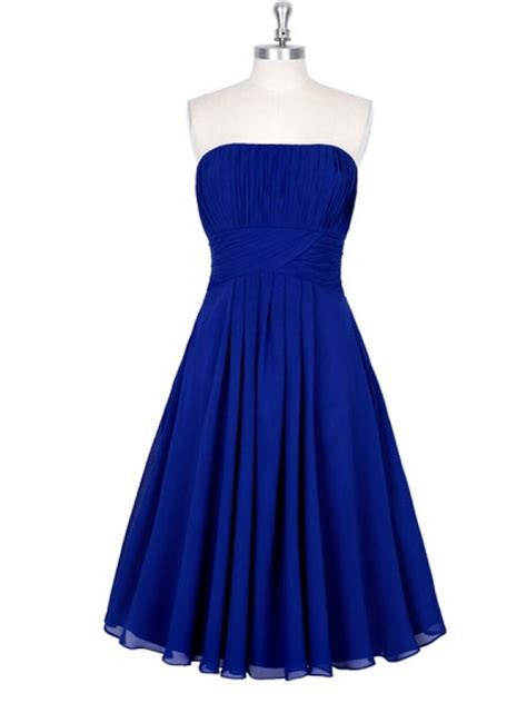Royal Blue Chiffon Ruched Strapless Straight Across Knee Length Ruffle