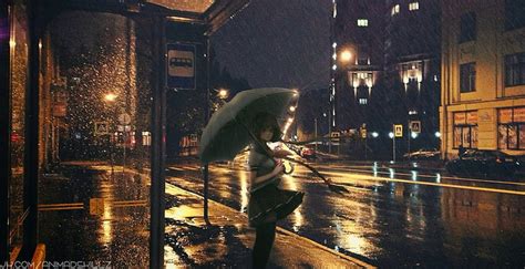 Hd Wallpaper Anime Girls Umbrella Rain Night City Street