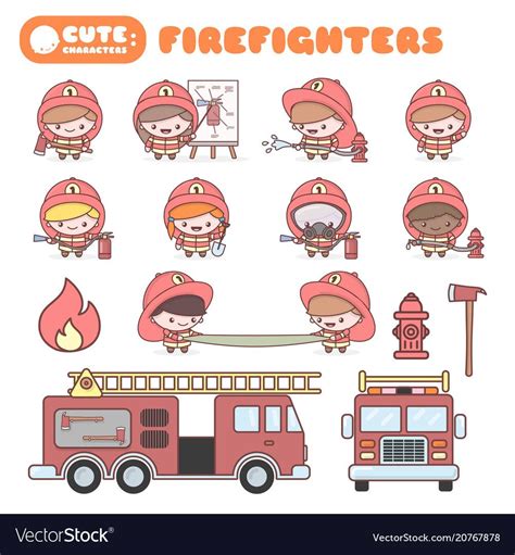 Cute Chibi Kawaii Characters Profession Set Firefighters Flat Cartoon