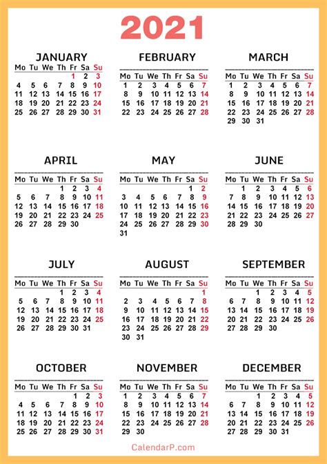 2021 Calendar Printable Free Orange Yellow Monday Start