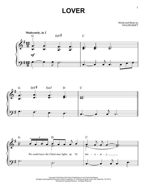Taylor Swift Lover Sheet Music And Printable Pdf Music Notes Song
