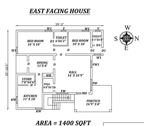 39 X35 2bhk East Facing House Plan As Per Vastu Shastra Autocad DWG