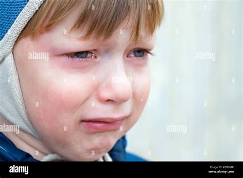 Little Boy Was Crying From Hurt Tears Stream Down Cheeks Emotion