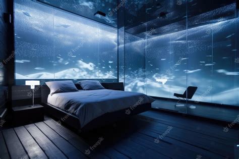 Футуристическая спальня с плавающей кроватью полупрозрачными стеновыми