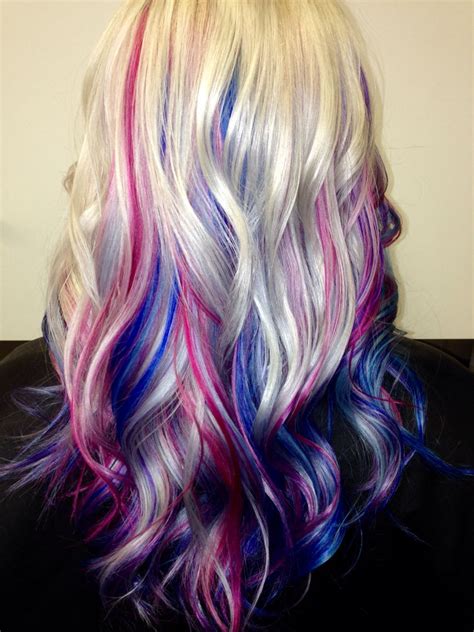 Platinum Blonde Hair With Blue Pink And Purple Streaks Pink Blonde