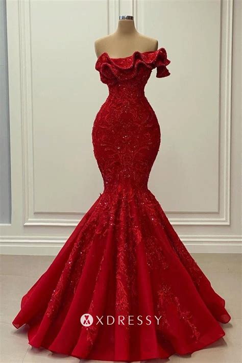 Enticing Red Ruffled Neckline Beaded Trumpet Prom Dress Xdressy