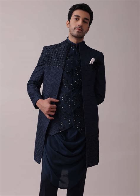 buy navy blue sherwani kurta set in raw silk with mirror work