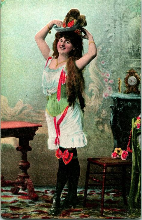 Vtg Postcard Risque Edwardian Boudoir Girl In Knickers Big Hat Unp Topics Risque Women