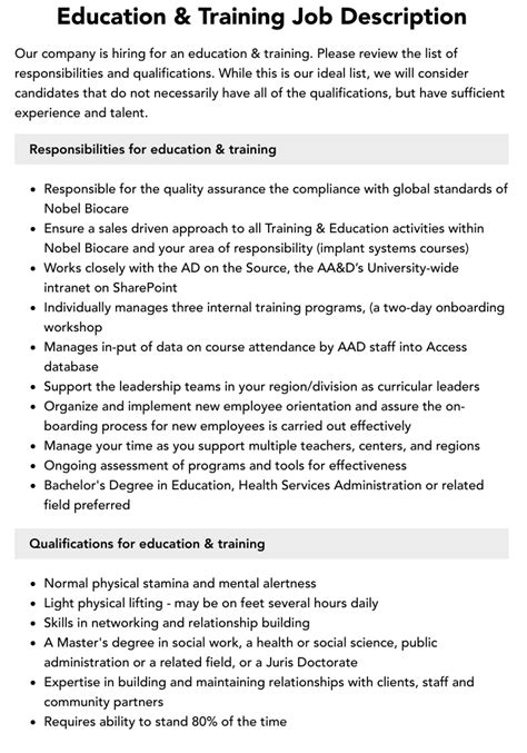 Education And Training Job Description Velvet Jobs