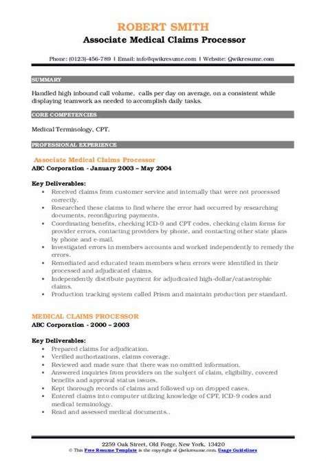 Medical Claims Processor Resume Samples Qwikresume