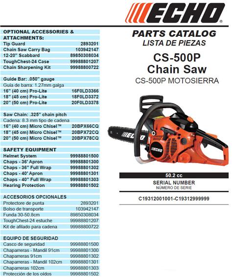 Echo Cs 500p Chainsaw Parts Diagram Sn C19312001001 C19312999999