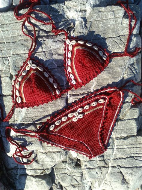 crochet bikini with cowrie sea shells bikini crochet swimwear etsy
