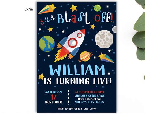 Outer Space Birthday Invitation Planets Rocket Ship Astronaut Etsy