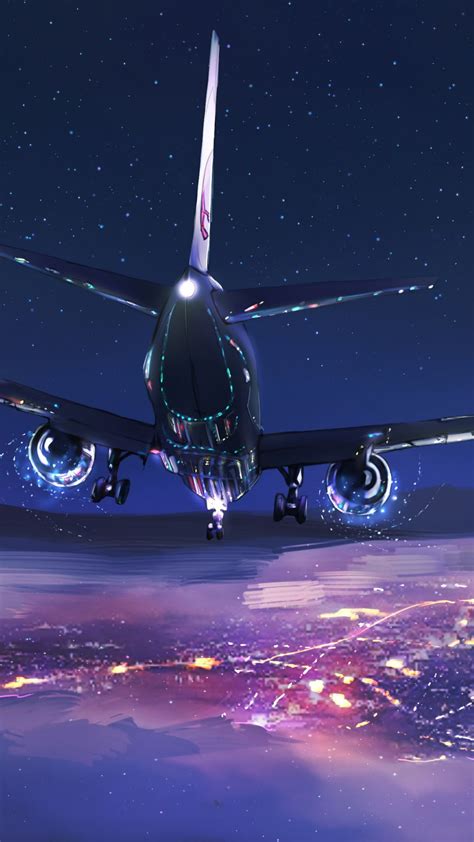 Aircraft Sky Night Flight Digital Art 1080x1920 Wallpaper Purple