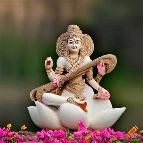 clay idol of devi saraswati seated on a lotus with a white swan on craiyon