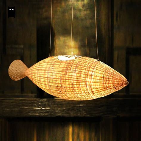 Bamboo Wicker Rattan Fish Chandelier Light Fixture Art Decoration