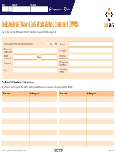 Form Nz Site Safe Task Analysis Ta And Safe Work Method