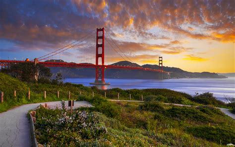 Golden Gate Bridge Bridge San Francisco Sunset Clouds Ocean Plants Hd