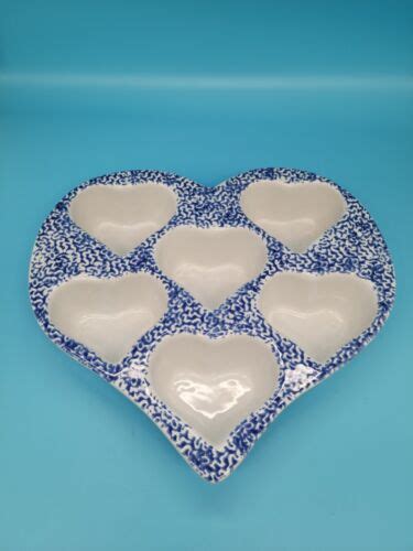 Muffin Dish Chaparral Heart Shape Pottery Cupcake Stoneware Blue Sponge