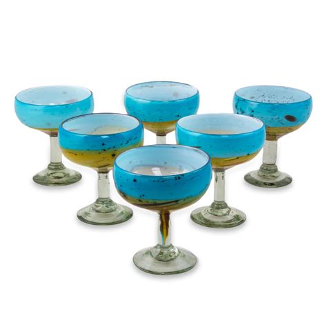 Turquoise And Amber Blown Glass Margarita Glasses Set Of 6 Amber Riviera Novica