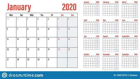 2020 12 Month Monday To Sunday Calendar Template
