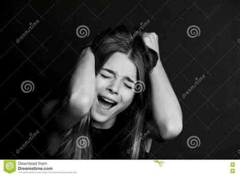 Beautiful Girl With Long Hair Yells Black Stock Image Image Of Angry
