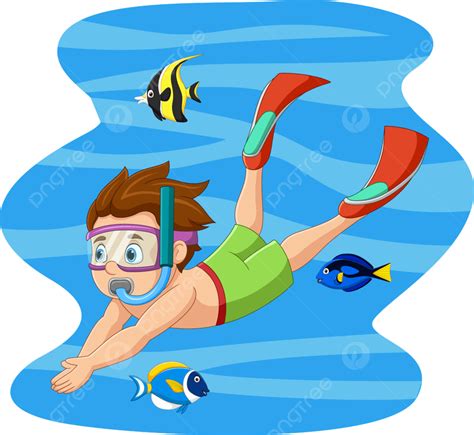 Niño Pequeño De Dibujos Animados Nadando Y Buceando Bajo El Agua Con