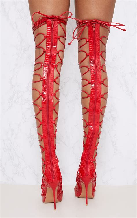 Red Thigh High Lace Up Heels Prettylittlething Il