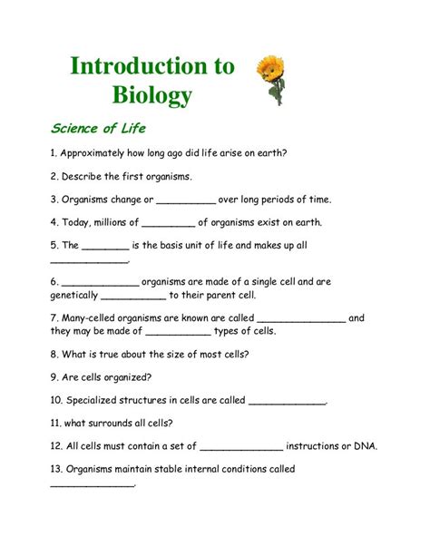 Introduction To Biology Worksheet From Notes