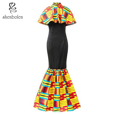 Shenbolen African Dresses For Women New Fashion Elegant Dress Ankara Printing Wax Fabric Ankara