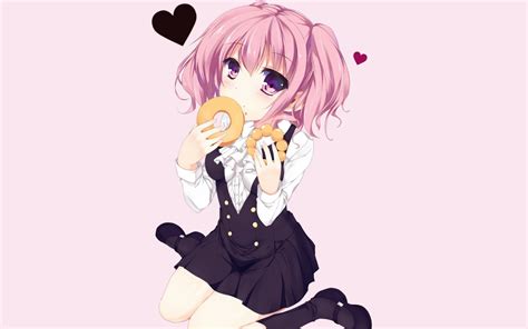 Pink Haired Anime Girl Eating Doughnuts Hd Wallpaper Wallpaper Flare