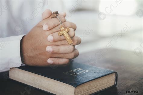 Man Praying Hands Clasped Together On Her Bible Stock Photo Crushpixel