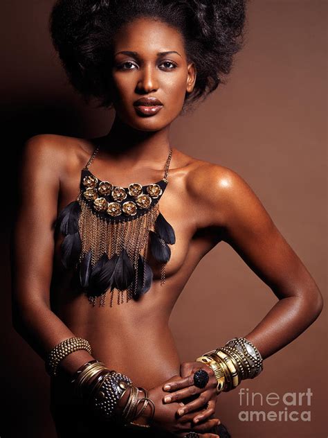 Beautiful Topless African American Woman Wearing Jewelry