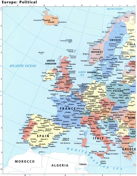 Европа политическая карта подробная крупномасштабная с городами и