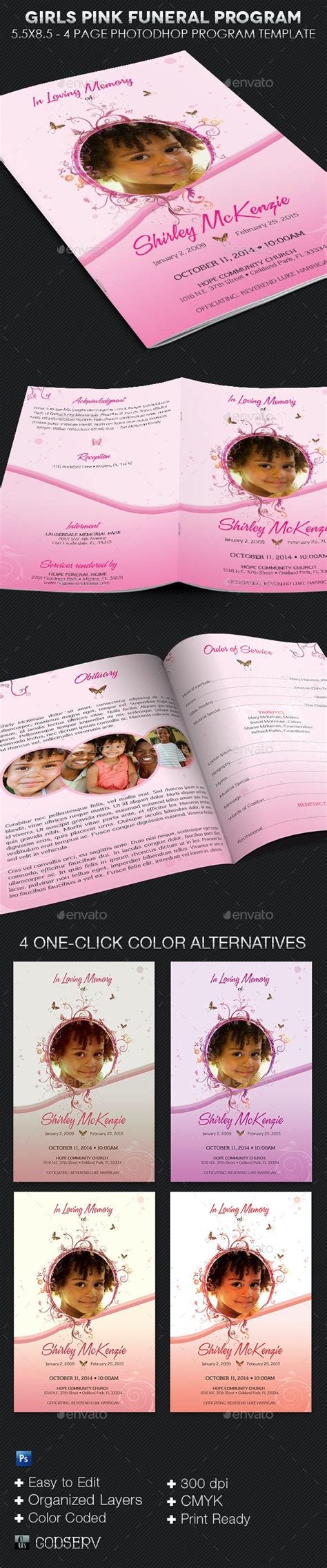 Girls Pink Funeral Program Template Print Templates Graphicriver