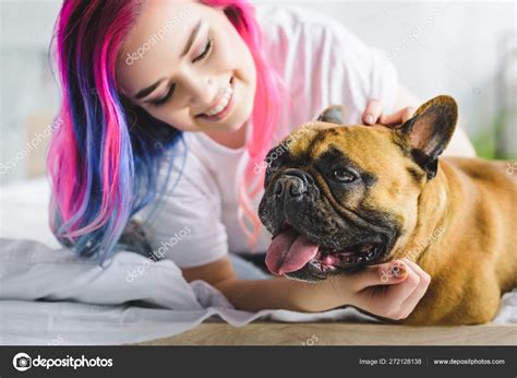 Selective Focus Girl Colorful Hair Petting Looking Cute French Bulldog