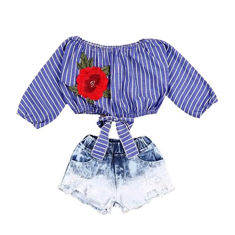 Kid Baby Girls Flower Clothing Set 2pcs Kids Off Shoulder Crop Tops T