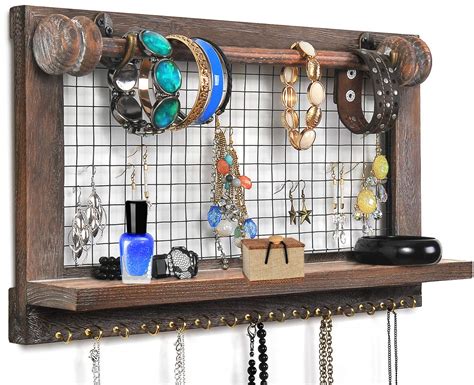 Viefin Rustic Wall Mounted Jewelry Organizer Wood Shabby Chic Earring