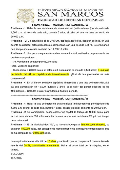 Examen Final DE MATEMÁTICA DE FINANCIERA FCC CICLO 21 1 EXAMEN FINAL